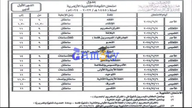 جدول أدبي الثالث الثانوي الأزهري